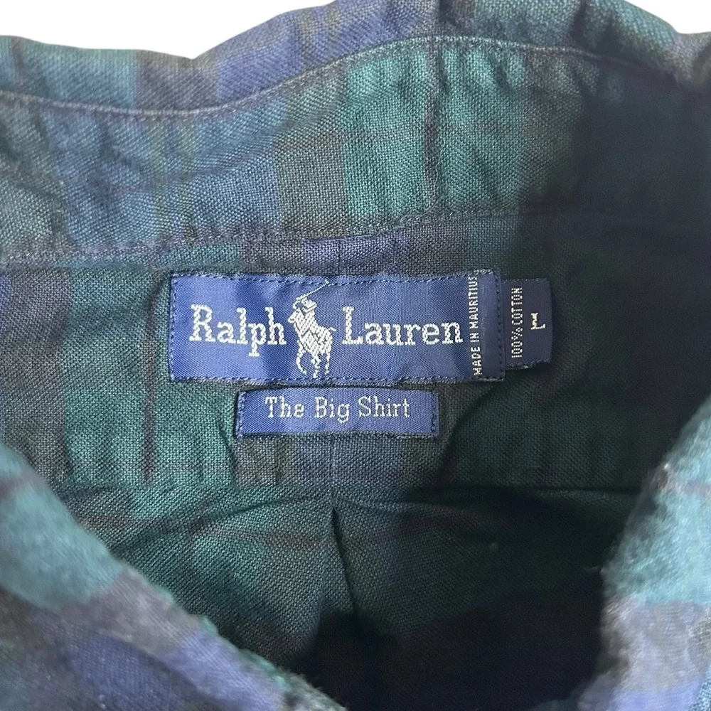 Ralph Lauren “The Big Shirt” Men’s L Green Navy Plaid Button Down W/ Crest Patch